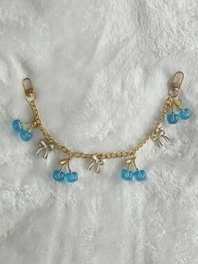 Blue Bow And Cherry Bag Chain with Blue Shimmer Cherries